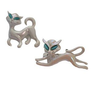Vintage Pearly White Enamel Blue Eye Cat Pair Brooches, Kitten Set E897